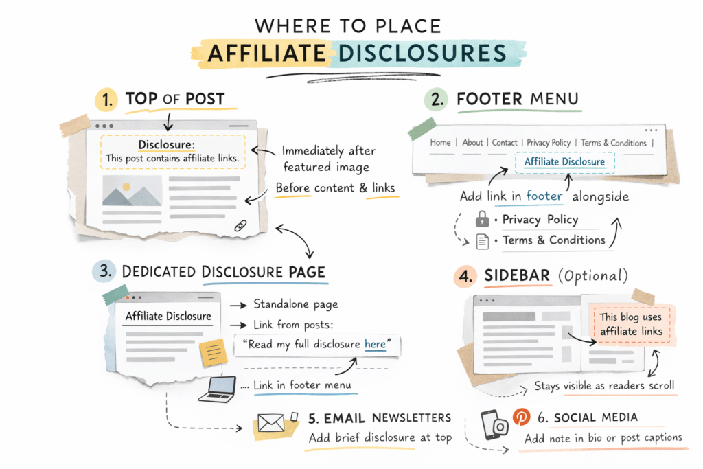 A colorful infographic illustrating various disclosure placement locations on a website, featuring labeled sections like headers, footers, and sidebars, surrounded by arrows and icons to guide viewers through best practices for transparency.
