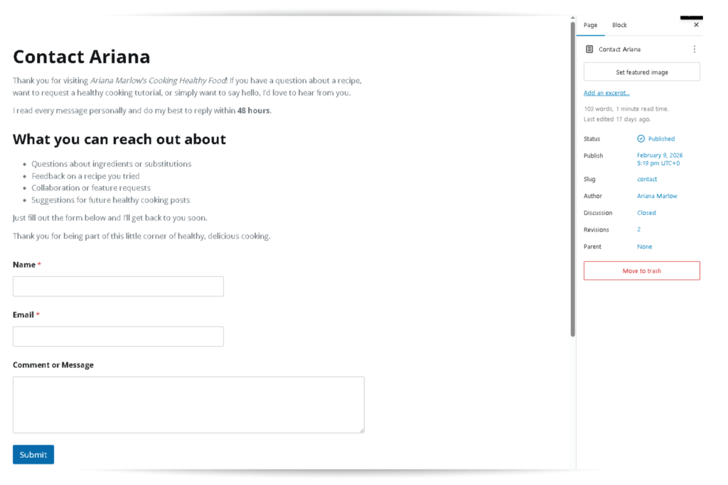 WordPress page editor showing a WPForms contact form block embedded on a Contact page with welcome intro text visible above the form.