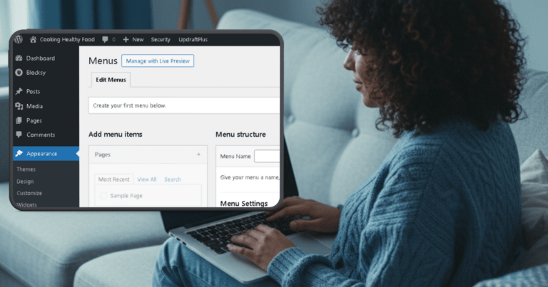 An engaging digital illustration showcasing a WordPress dashboard interface, where vibrant menu options are being skillfully arranged to form an intuitive navigation menu. Colorful icons and labels add a lively touch, encapsulating the ease of customizing website navigation for a seamless user experience.