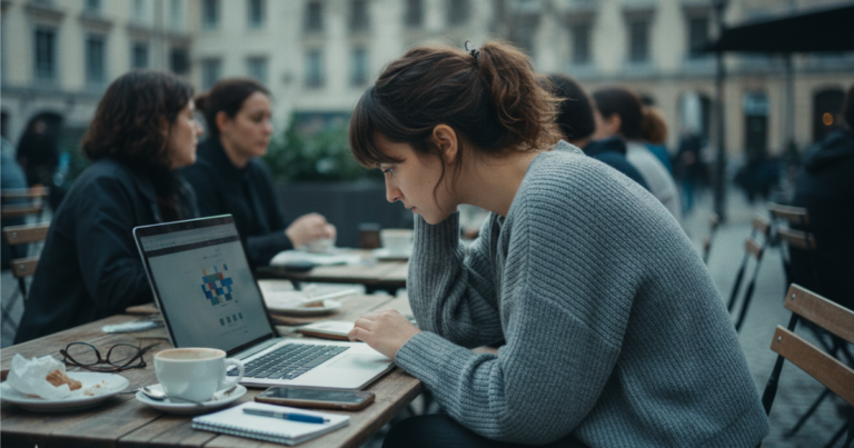 woman working on her laptop at an outdoor café table with coffee, pastry, notebook, and phone, surrounded by people in a busy city square