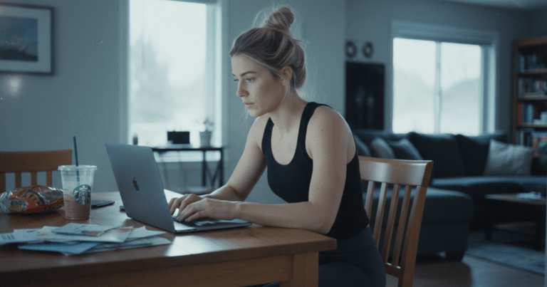 A pretty blonde woman in a messy bun sitting at a wooden dining table, deeply focused on her laptop while implementing an affiliate disclosure for bloggers template in a raw, candid home environment