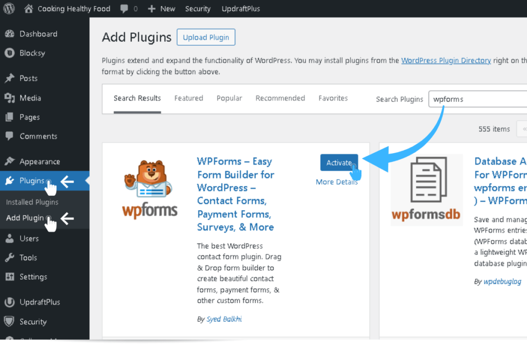 Close-up of the WordPress Plugins search screen showing WPForms in search results with the Install Now button highlighted.