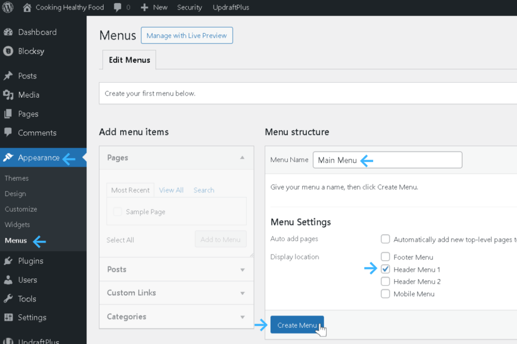 A screenshot of the WordPress dashboard featuring a menu editor interface. The screen displays various clickable options, including "Main Menu," "Appearance," and "Manage Locations," all set against a clean, organized layout with a modern design. The background is subtle, emphasizing the powerful tools available for customizing website navigation.