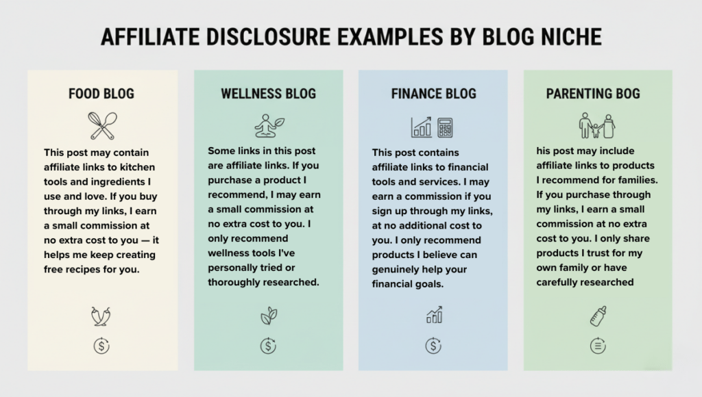 Four side-by-side examples of affiliate disclosure wording for food wellness finance and parenting blog niches