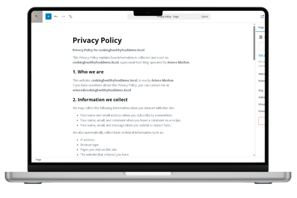 Close-up of the WordPress Add New Page screen showing the Privacy Policy for bloggers title and permalink settings.