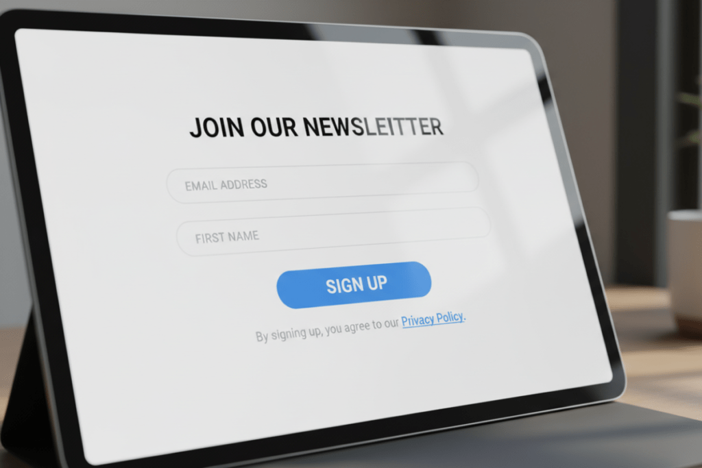 Close-up of an email sign-up form showing the line that says you agree to the Privacy Policy for bloggers.