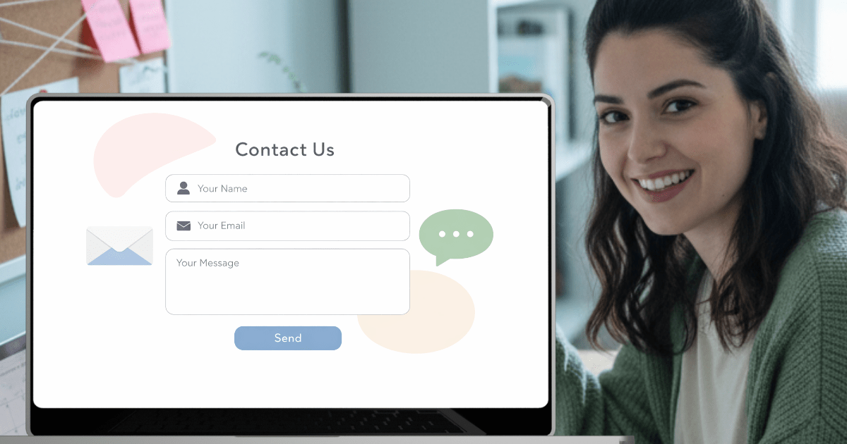 A workspace scene with a laptop open to a simple contact form that lets visitors send questions or collaboration requests.