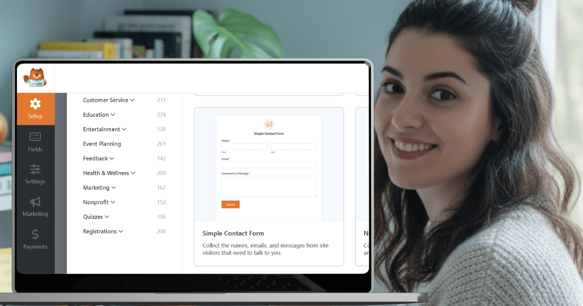 Laptop screen showing a contact form builder interface to illustrate the process of setting up a WordPress contact form for beginner bloggers.