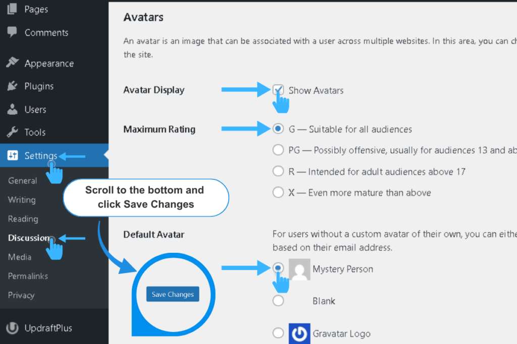 A close-up view of a WordPress settings interface showcasing discussion avatar options, featuring a neat arrangement of toggles and colorful icons, all set against a clean, user-friendly layout.