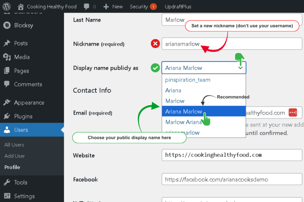 A screenshot showcasing a WordPress interface with an annotated dropdown menu for selecting the display name. The menu features various options like "Username" and "First Name," highlighted with arrows and notes explaining their functions, set against a clean, user-friendly backdrop.