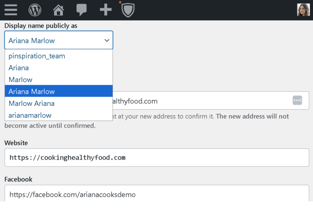 An up-close view of a WordPress interface showcasing a dropdown menu for display names, featuring neatly arranged options in a user-friendly layout, surrounded by a subtle gradient background that emphasizes modern digital design.