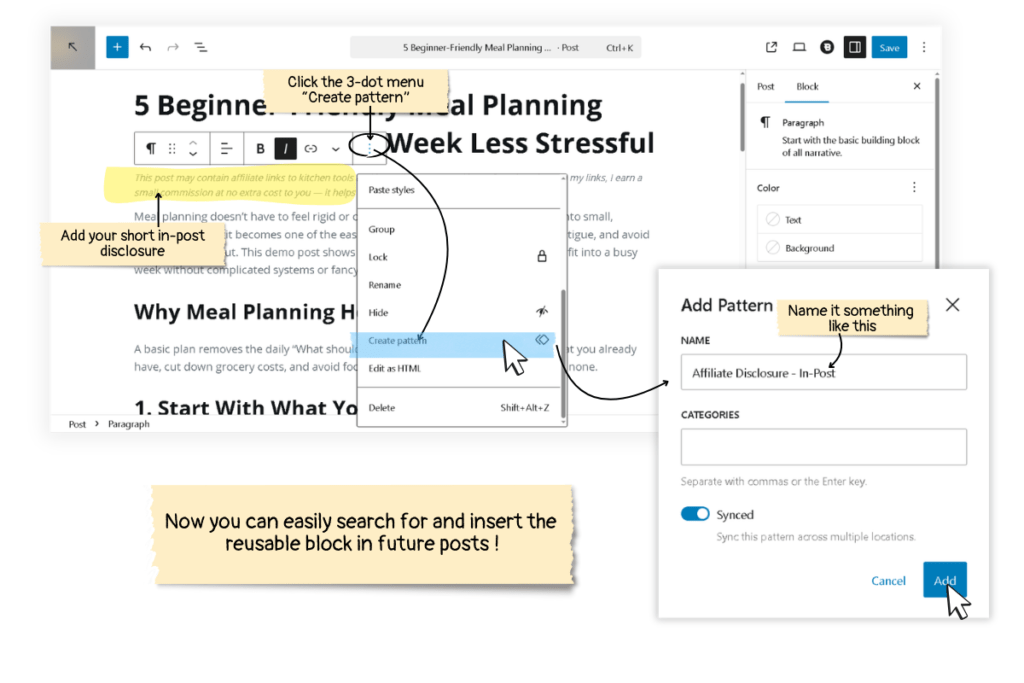 Real screenshot of WordPress editor showing how to create a reusable block pattern for affiliate disclosure text