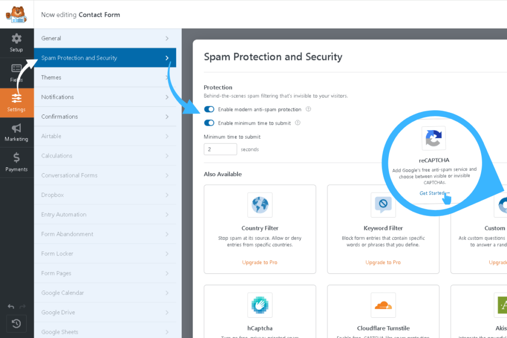 Collage showing WPForms spam protection settings with anti-spam toggle enabled and reCAPTCHA configuration panel with Site Key and Secret Key fields.