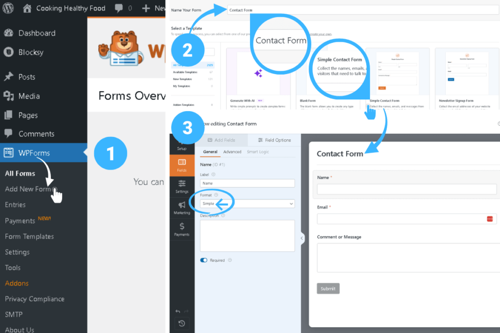 Collage showing the WPForms form builder with the Simple Contact Form template and Name, Email, Message fields visible in the drag-and-drop interface.