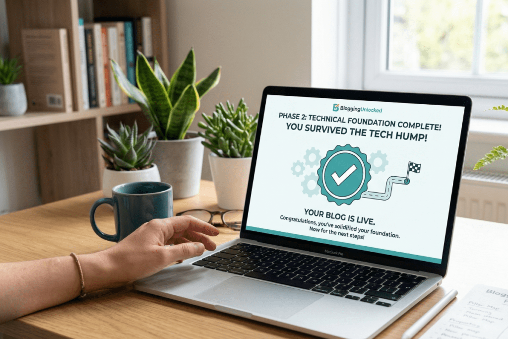 A professional workspace featuring a laptop displaying a "Phase 2: Technical Foundation Complete" success message, representing the completion of a blog's technical setup.