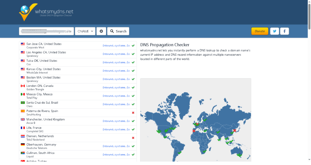 Global DNS propagation results showing the CNAME record resolving to inbound.systeme.io across multiple worldwide servers.