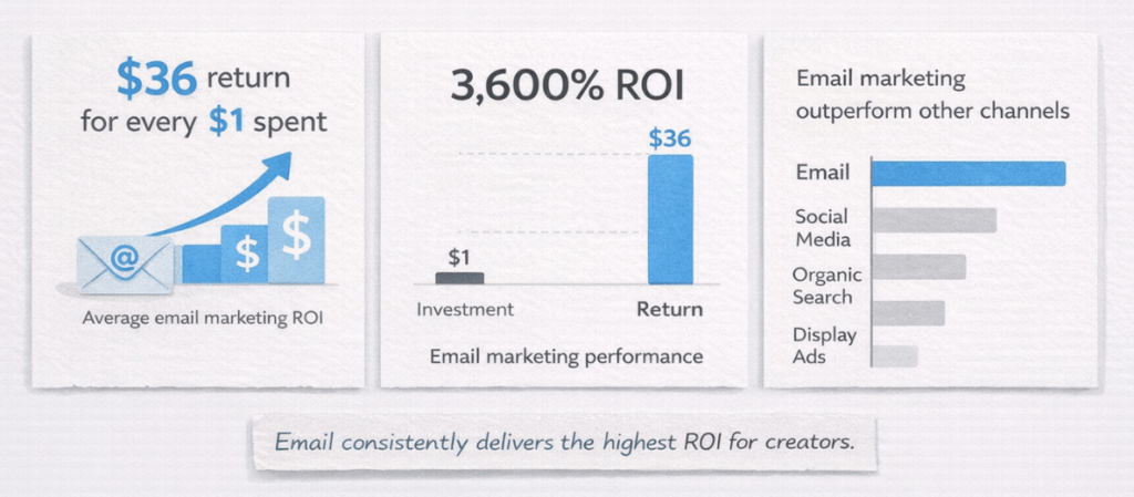 Infographic showing the 2026 email marketing return on investment, including the $36 per $1 spent benchmark and the 3,600% ROI comparison to highlight its value for beginner bloggers.