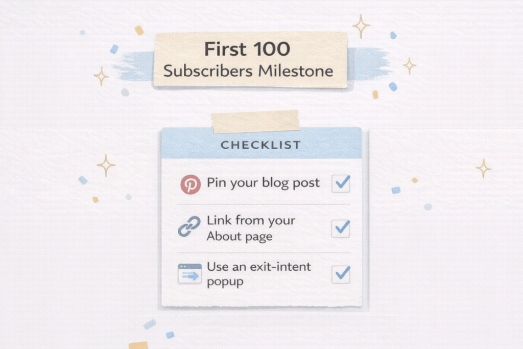 A colorful checklist titled "First 100 Subscribers Milestone Checklist," featuring motivational icons and sections labeled with tasks to achieve the milestone, encouraging content creators to stay organized and inspired.