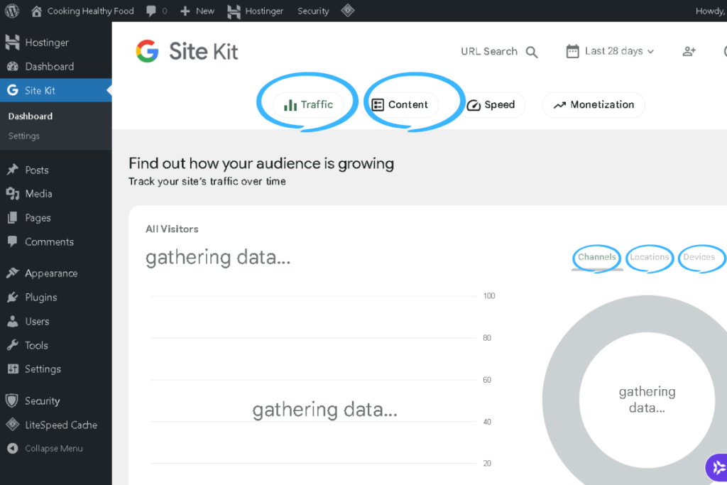 three Google Analytics reports side by side including traffic acquisition, pages and screens, and user demographics for beginner bloggers