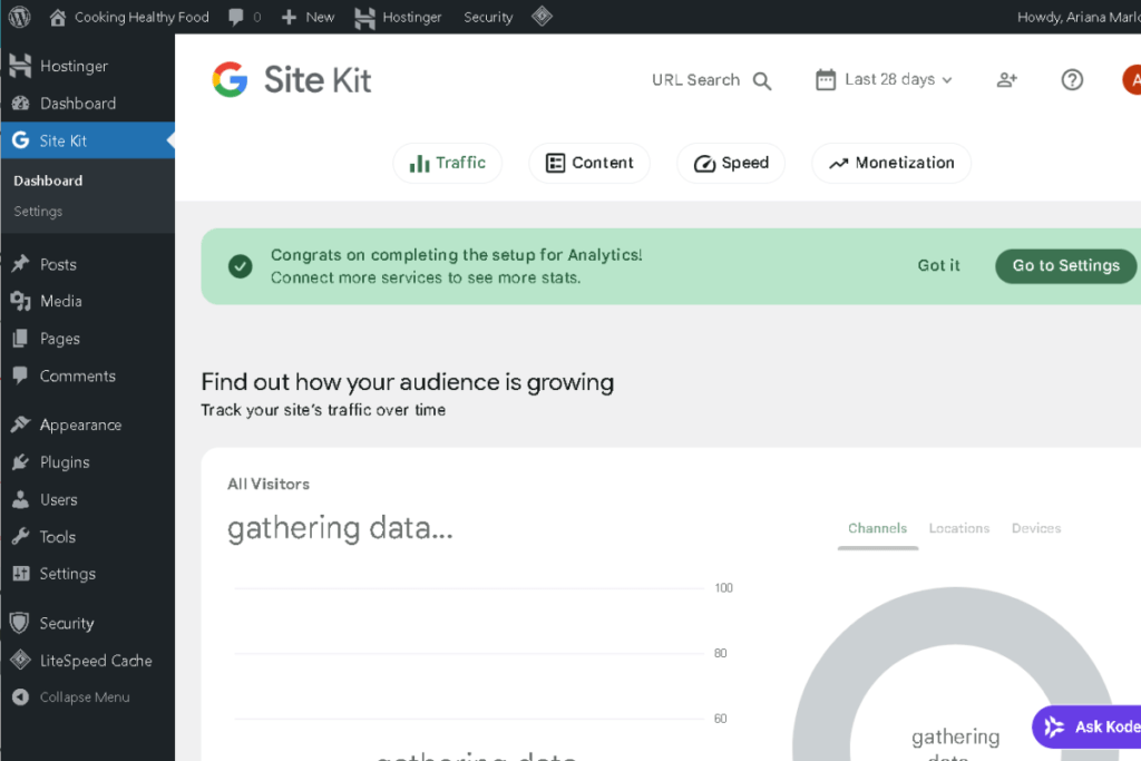 Close-up of Google Analytics Realtime report showing 1 active user confirming successful tracking code installation on a WordPress blog