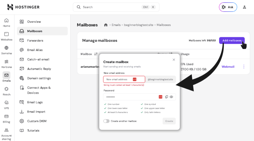 Screenshot of the Hostinger hPanel showing the Free business Email and Add mailbox buttons for blog email setup
