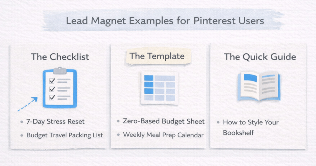 Infographic showing three beginner‑friendly lead magnet examples—checklists, templates, and quick guides—designed for Pinterest users who prefer simple, time‑saving resources.