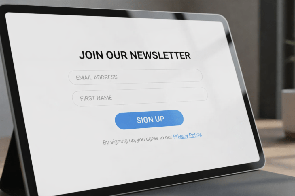 Close-up of an email sign-up form showing the line that says you agree to the Privacy Policy for bloggers.