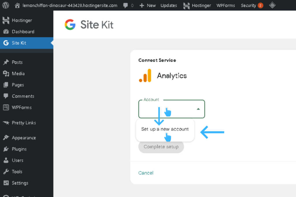 Close-up of Site Kit settings screen showing the Connect Analytics button and automatic GA4 property creation for WordPress beginners