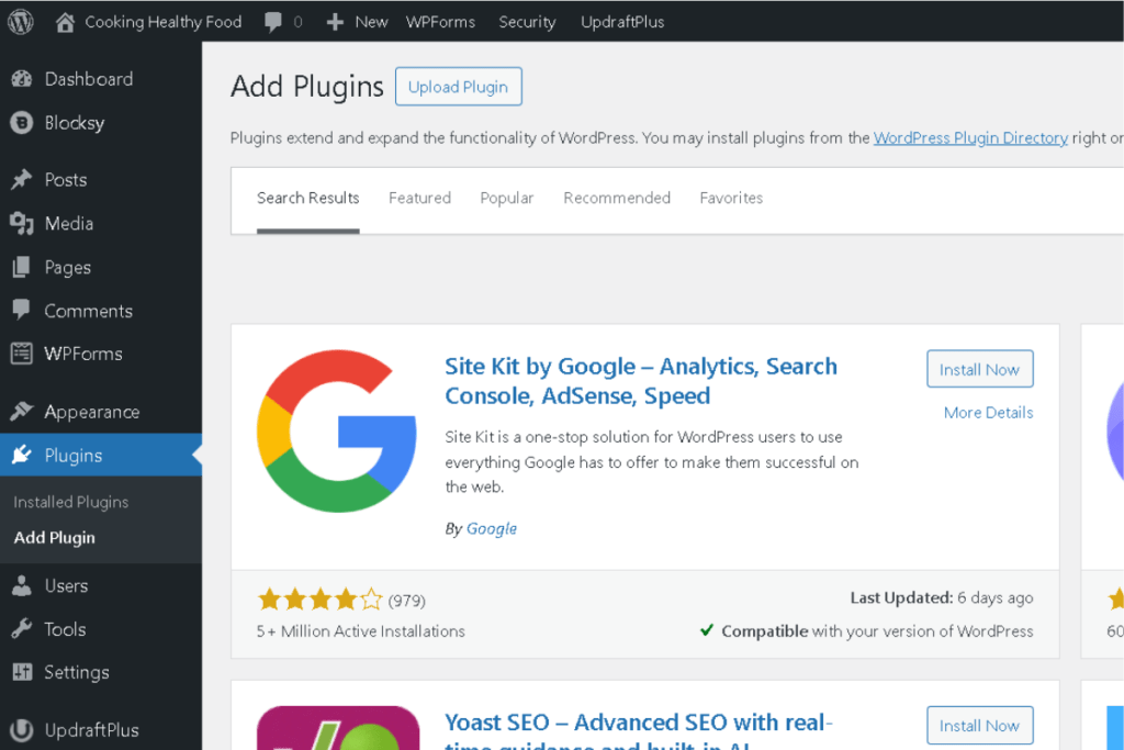 Close-up of the Site Kit by Google plugin listing in WordPress plugin directory showing install button, star rating, and active installations