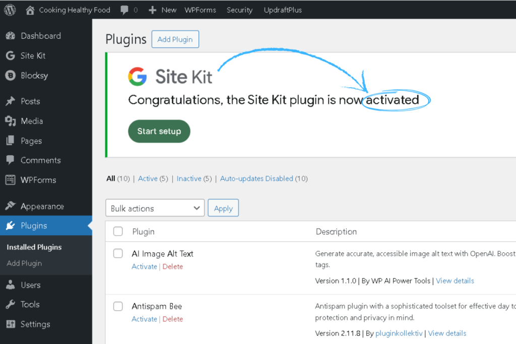 Collage showing WordPress Plugins Add New screen with Site Kit by Google search result, install button, and activation confirmation for beginners