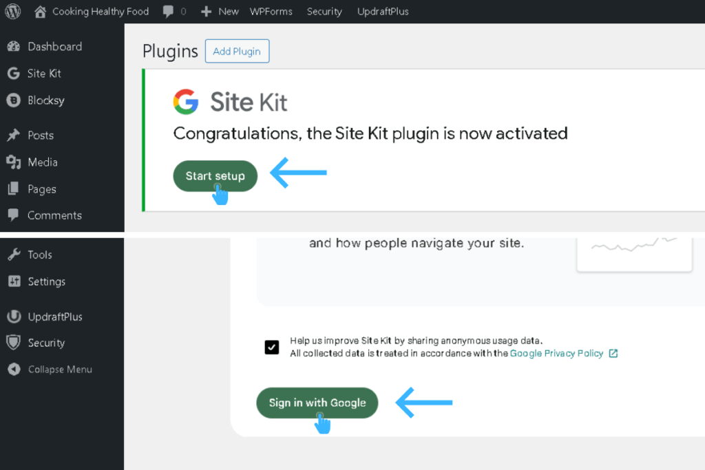 Site Kit setup wizard screens including Google sign-in, permissions approval, and Search Console verification confirmation