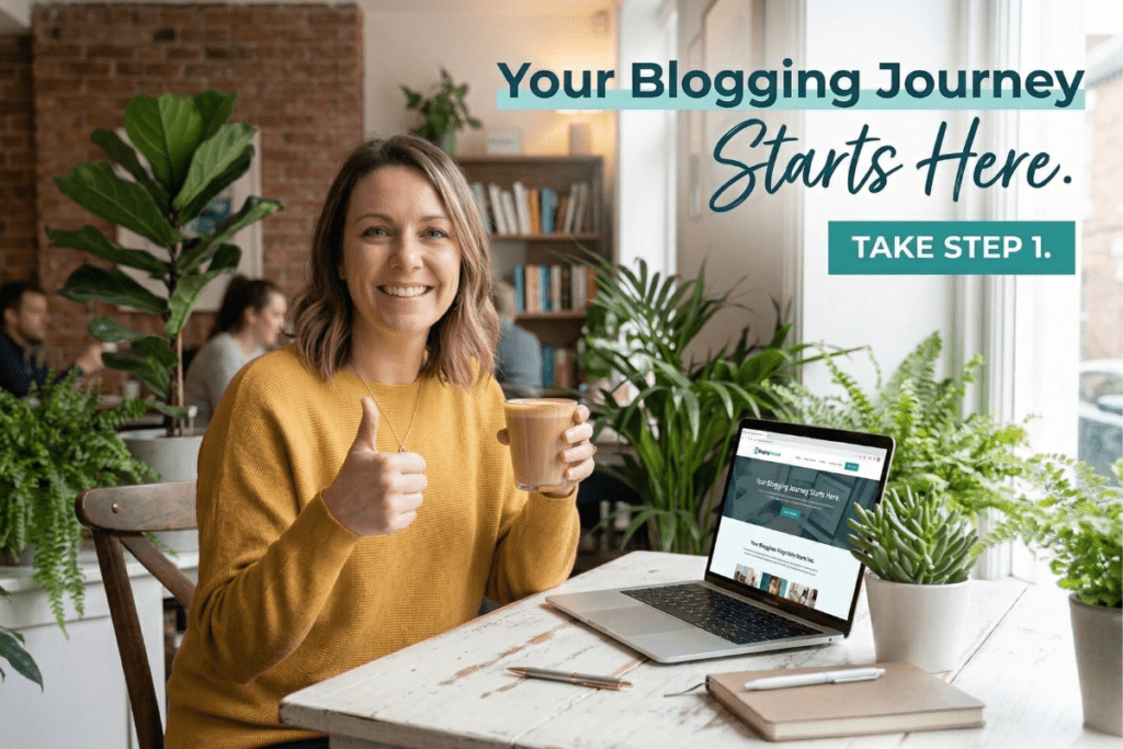 A friendly woman in a mustard yellow sweater sitting at a café table with her laptop, looking at the camera and giving a thumbs up to encourage new bloggers.