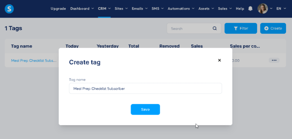 Creating an account and setting up first tag in Systeme.io tutorial grid for beginners.