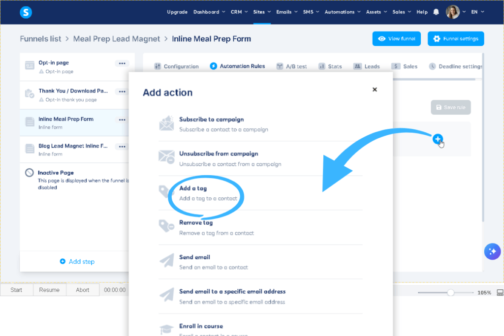 A user adding a tag inside Systeme.io automation rules for the Meal Prep Lead Magnet form, showing the trigger and the Add Action button.