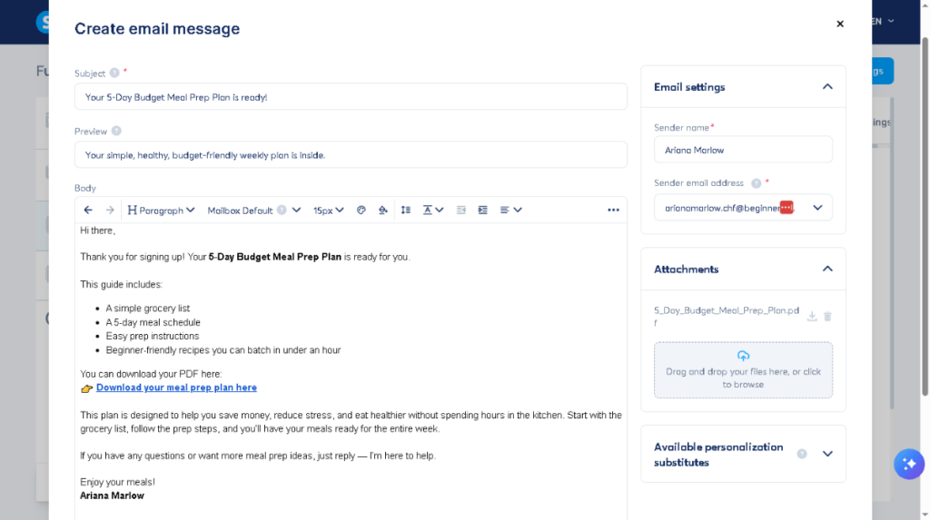 Completed Systeme.io automation rule showing tag assignment and email delivery setup for a lead magnet funnel.