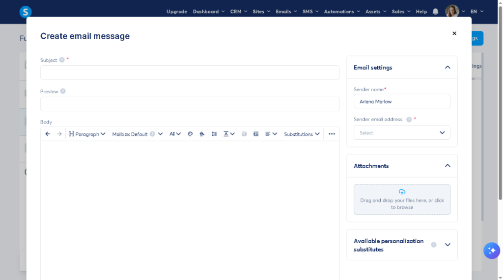 Systeme.io email editor showing subject, preview text, sender settings, and attachment upload for delivering a lead magnet PDF.