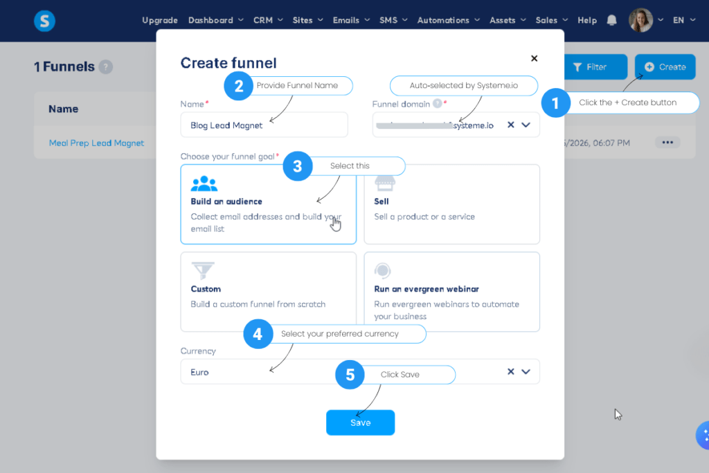 Navigating to Funnels and setting the Build an audience goal in Systeme.io for beginner bloggers.