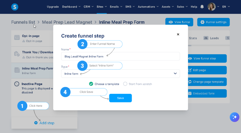 Screenshot of the Create funnel step pop-up in Systeme.io showing how to name and select the Inline form type for beginner bloggers.