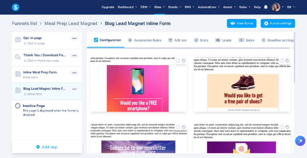 Systeme.io funnel screen showing the ‘Blog Lead Magnet Inline Form’ step selected, with inline form template previews displayed.