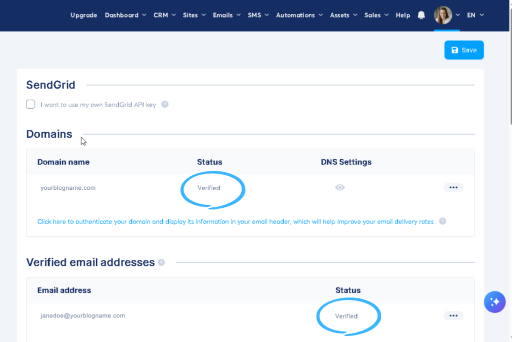 Systeme.io email settings page showing a domain marked as Verified after DNS authentication is completed.