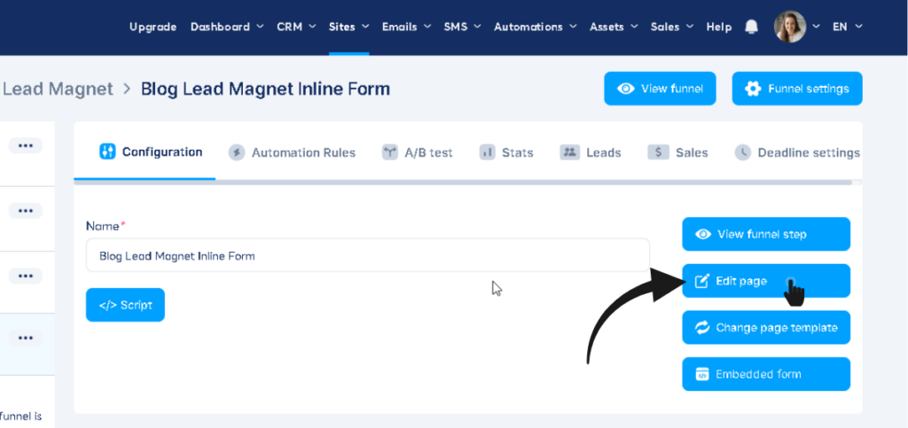 Systeme.io Inline Form screen with the Edit Page icon highlighted.