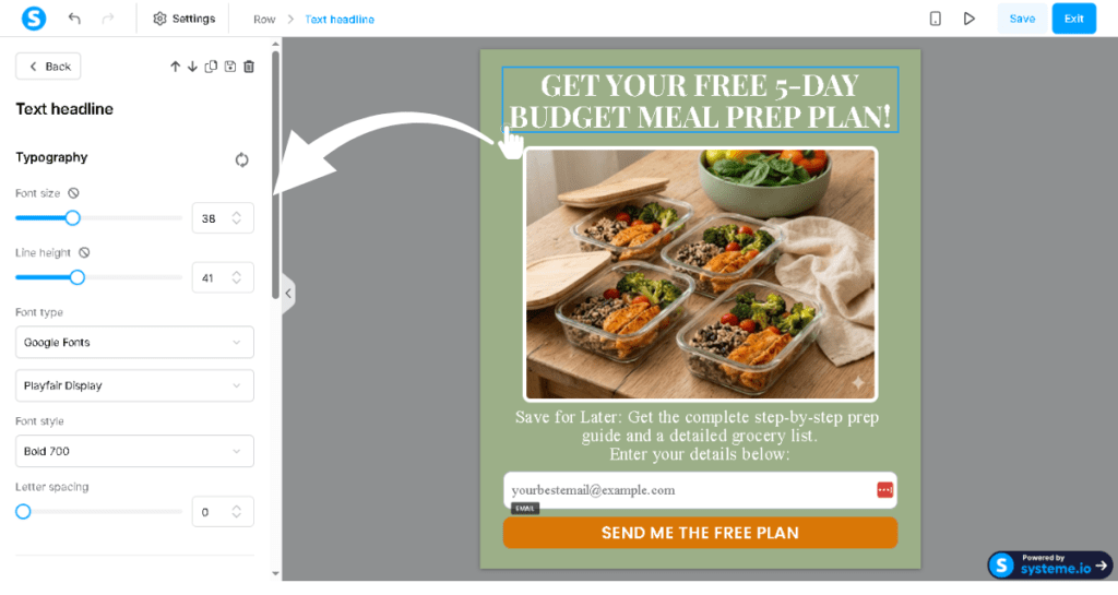Screenshot of the Systeme.io editor showing how to click an element and change its typography settings in the left panel