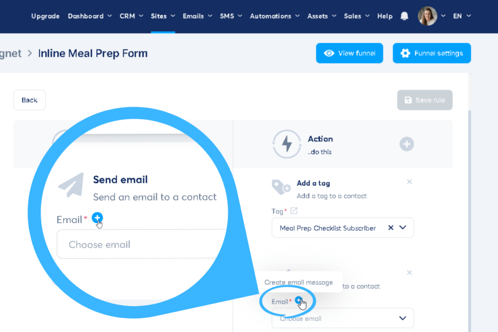 Systeme.io automation rule showing Add Tag and Send Email actions with the blue Email plus icon ready to create a new email.