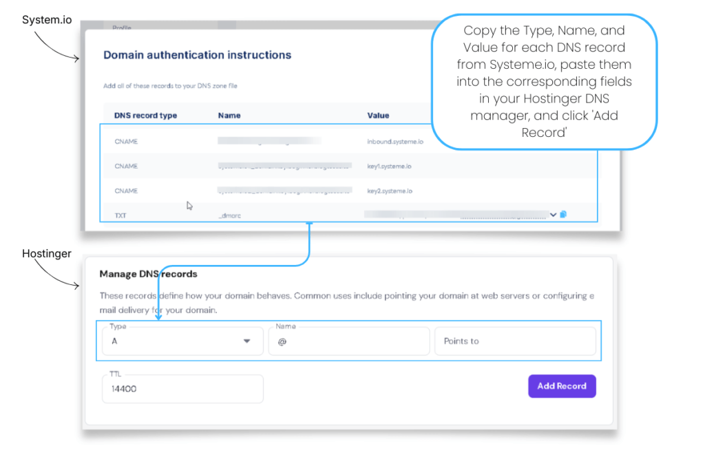 Screenshot of Hostinger DNS manager showing the empty fields to add a new CNAME record for email authentication