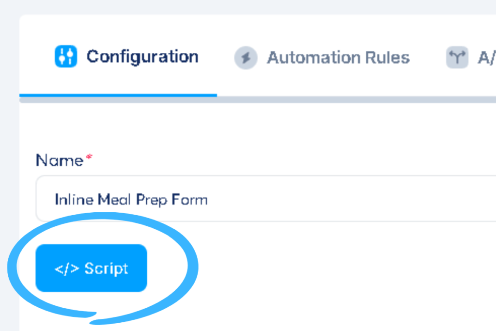 Systeme.io Inline Form configuration screen showing the Script button used to generate the embed code
