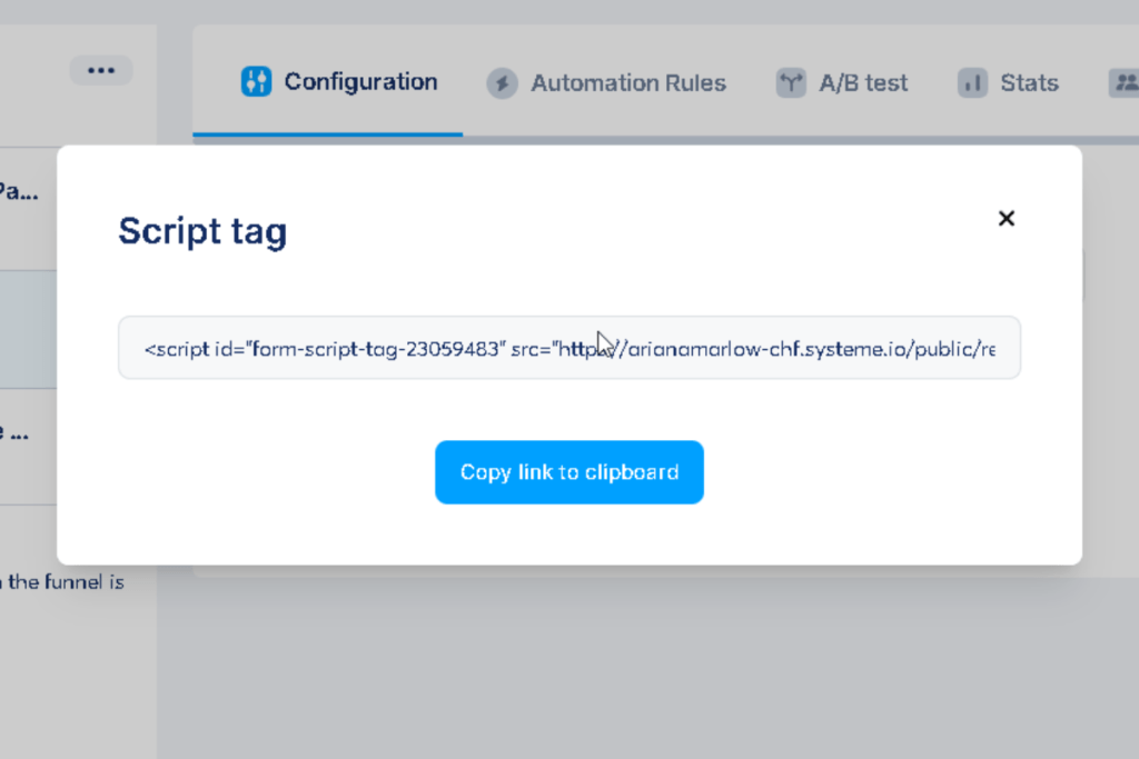 Systeme.io script popup showing the embed code and Copy to Clipboard button for an inline form.*