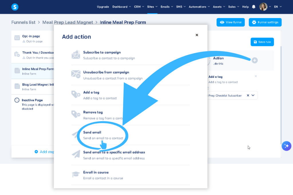 Systeme.io action selection popup showing the Send Email option highlighted for an inline form automation.
