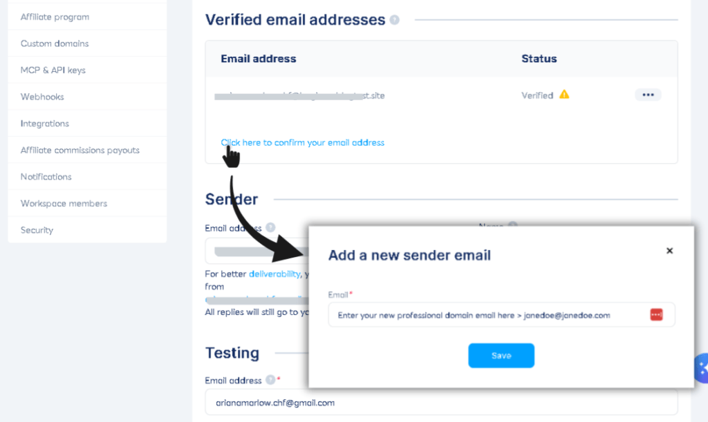 Systeme.io pop-up window for confirming and verifying a new professional sender email address.