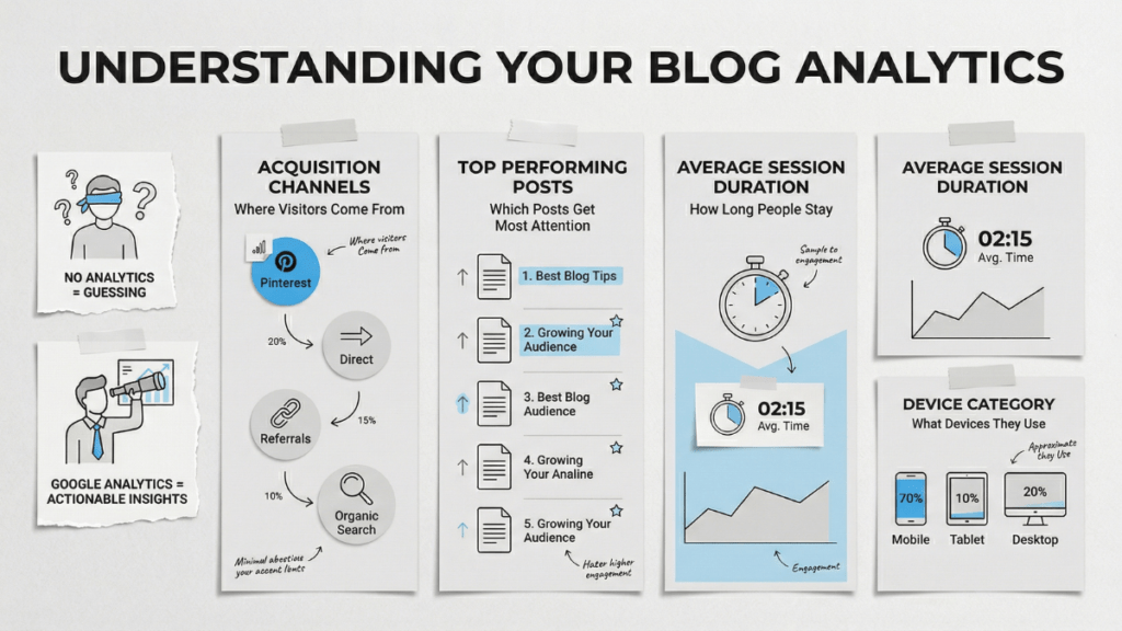 Infographic explaining key blog analytics for beginners, including traffic sources, top posts, session duration, and device categories with simple illustrations