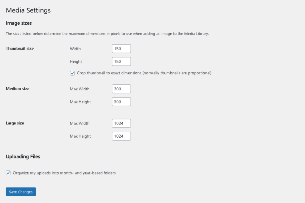 WordPress Media Settings dashboard showing default Thumbnail, Medium, and Large image sizes with the organize uploads checkbox selected for mobile speed optimization